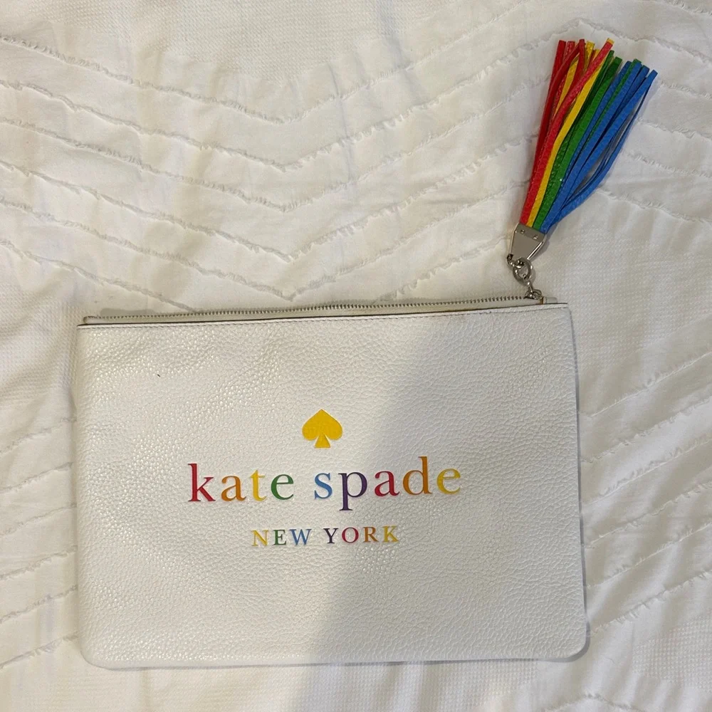 kate spade White Rainbow Logo Pouch with Multicolor Tassel
